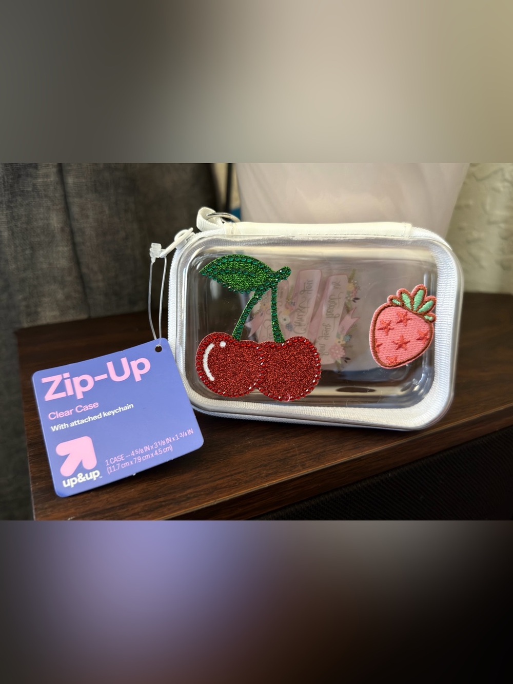 Clear Zip-Up Cosmetic Case with Cherry & Strawberry Patches - White